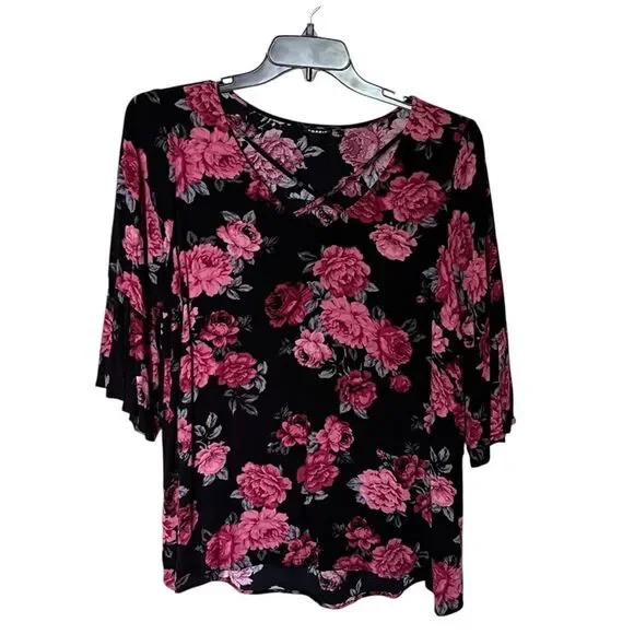 Torrid Black Floral Crepe Strappy Blouse Shirt Top with 3/4 Sleeves Size 2/2X - Picture 2 of 11